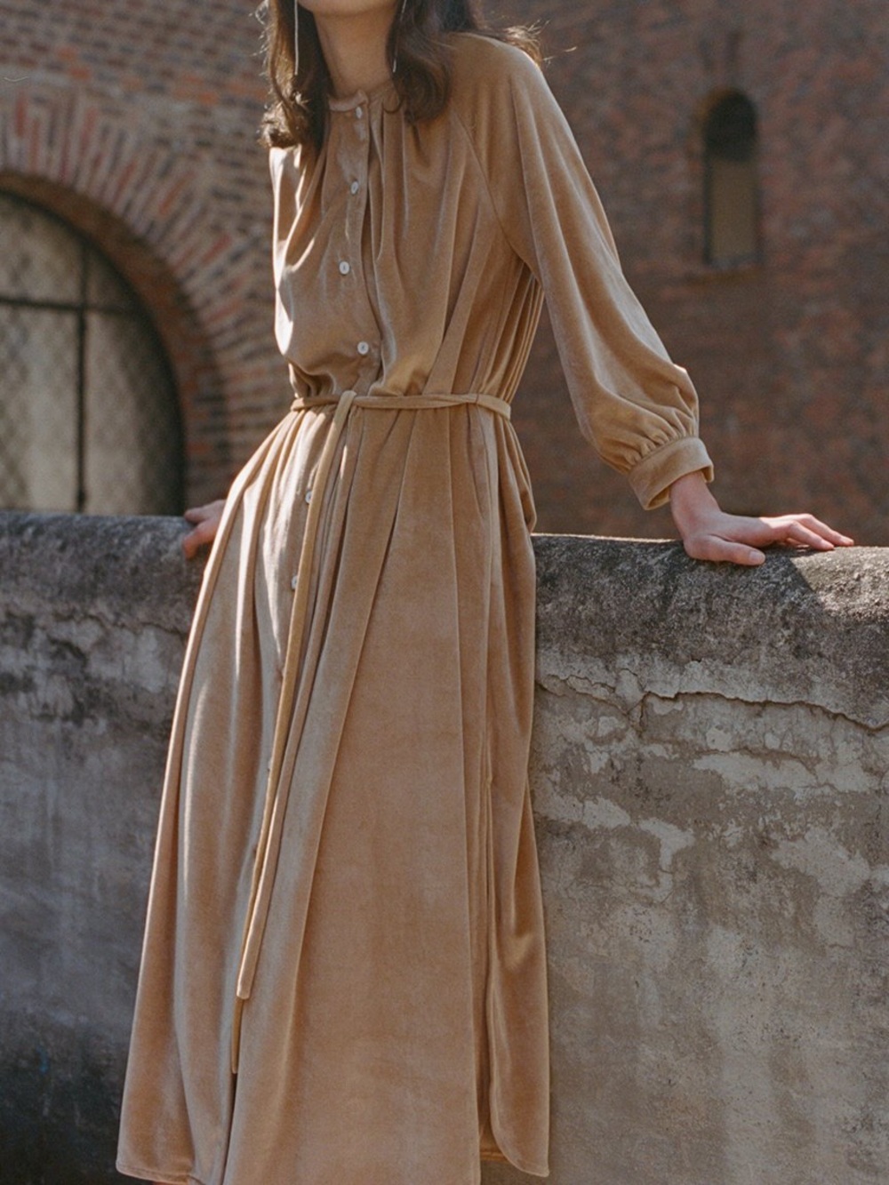Jeana Sohn Studio Caramel Velvet velour Maxi Dress Belted Long Sleeve